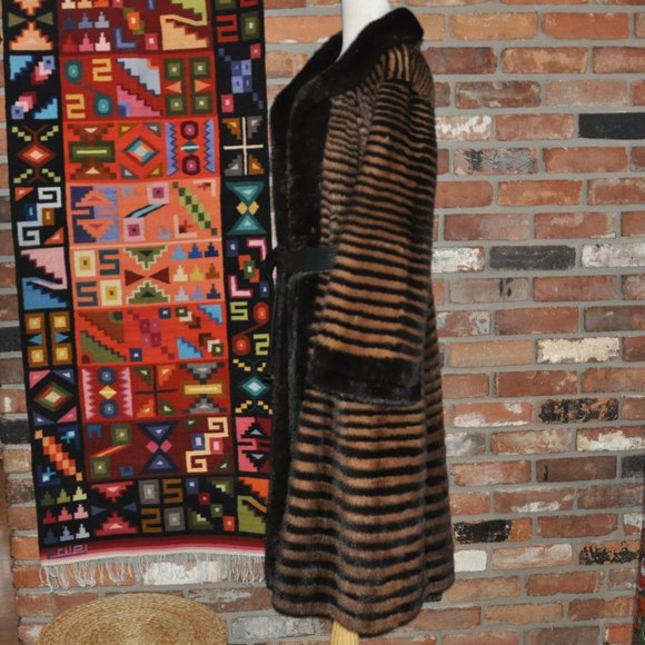 Brown Blonde Horizontal Stripe Mink Fur Full Length Long Coat Jacket, Sable Trim - Picture 5 of 13